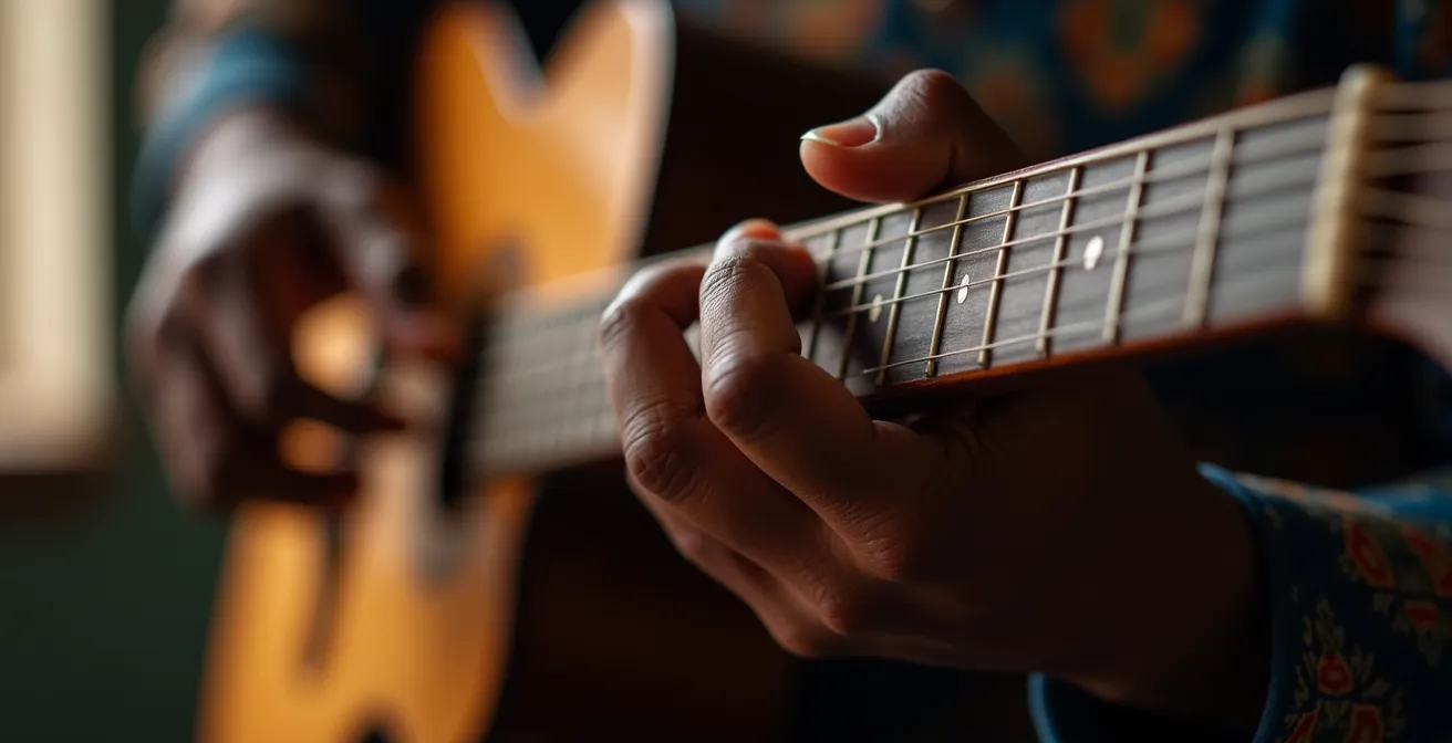 Portrait d'un musicien de Maloya concentré sur son kayamb, montrant la fierté du savoir-faire