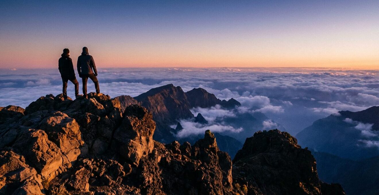 Randonneurs contemplant le lever du soleil au sommet du Piton des Neiges à La Réunion