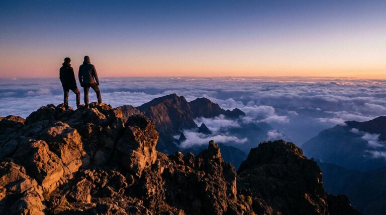 Randonneurs contemplant le lever du soleil au sommet du Piton des Neiges à La Réunion