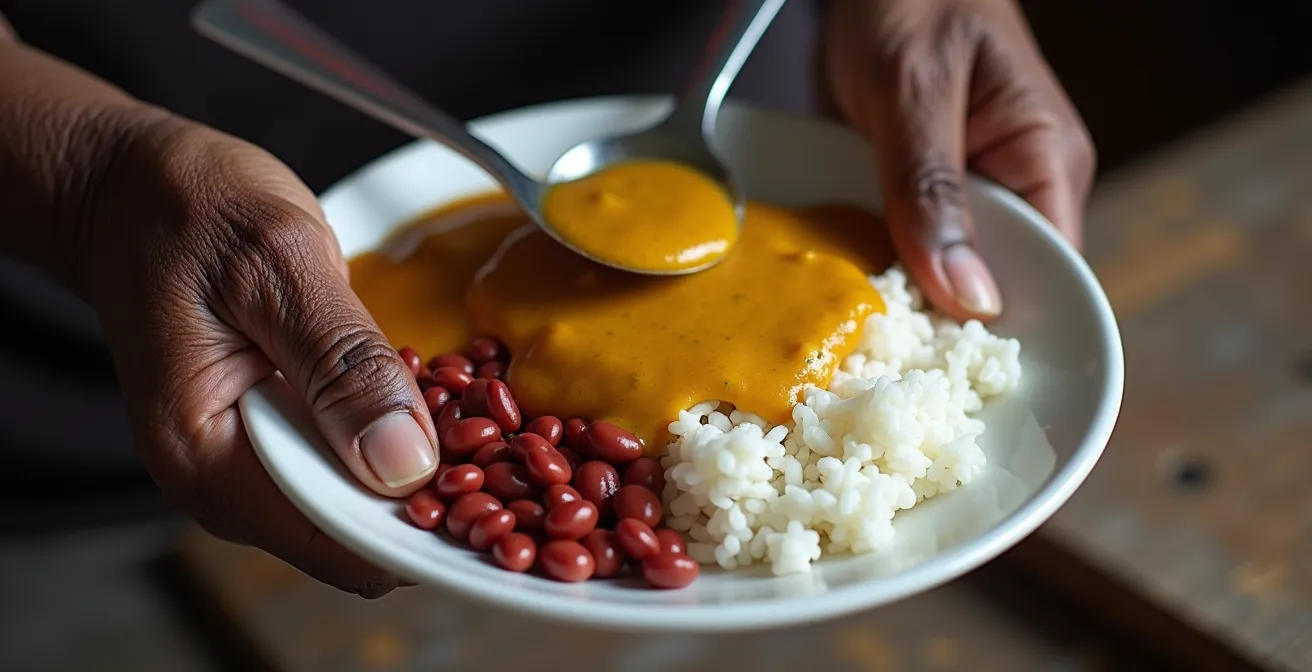 Disposition traditionnelle d'une assiette créole avec riz blanc, grains et cari dans l'ordre traditionnel