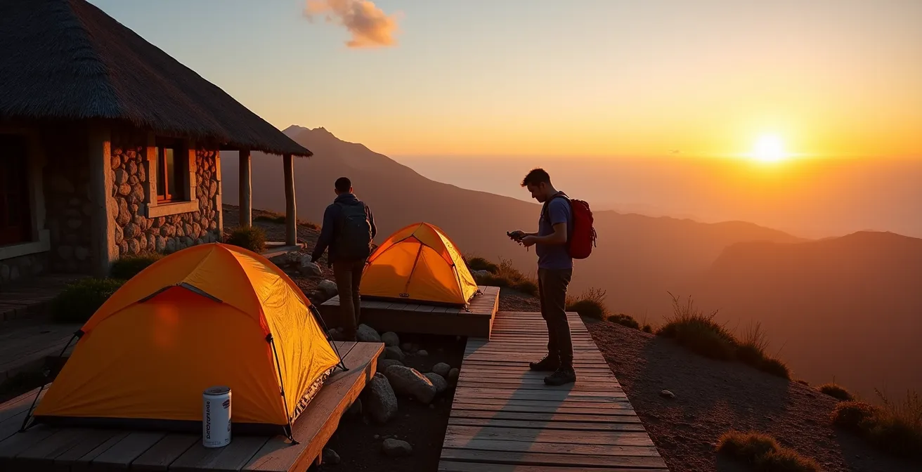 Aire de bivouac officielle près d'un gîte de montagne à La Réunion au coucher du soleil