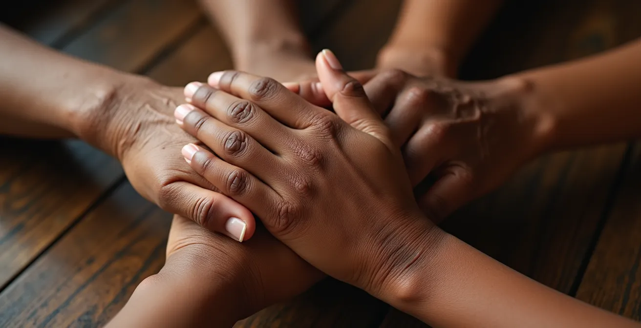 Portrait multigénérationnel d'une famille réunionnaise montrant la diversité phénotypique à travers trois générations