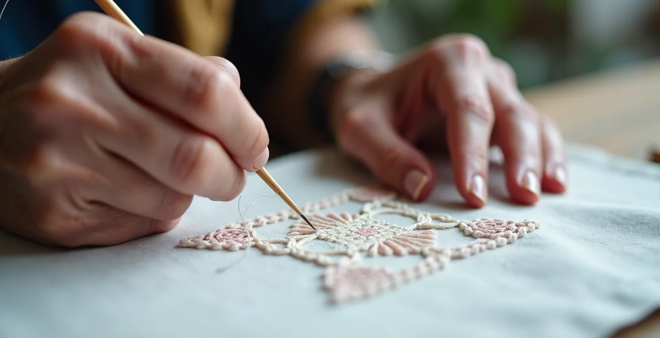 Gros plan sur les mains d'une brodeuse travaillant minutieusement sur un ouvrage aux jours de Cilaos