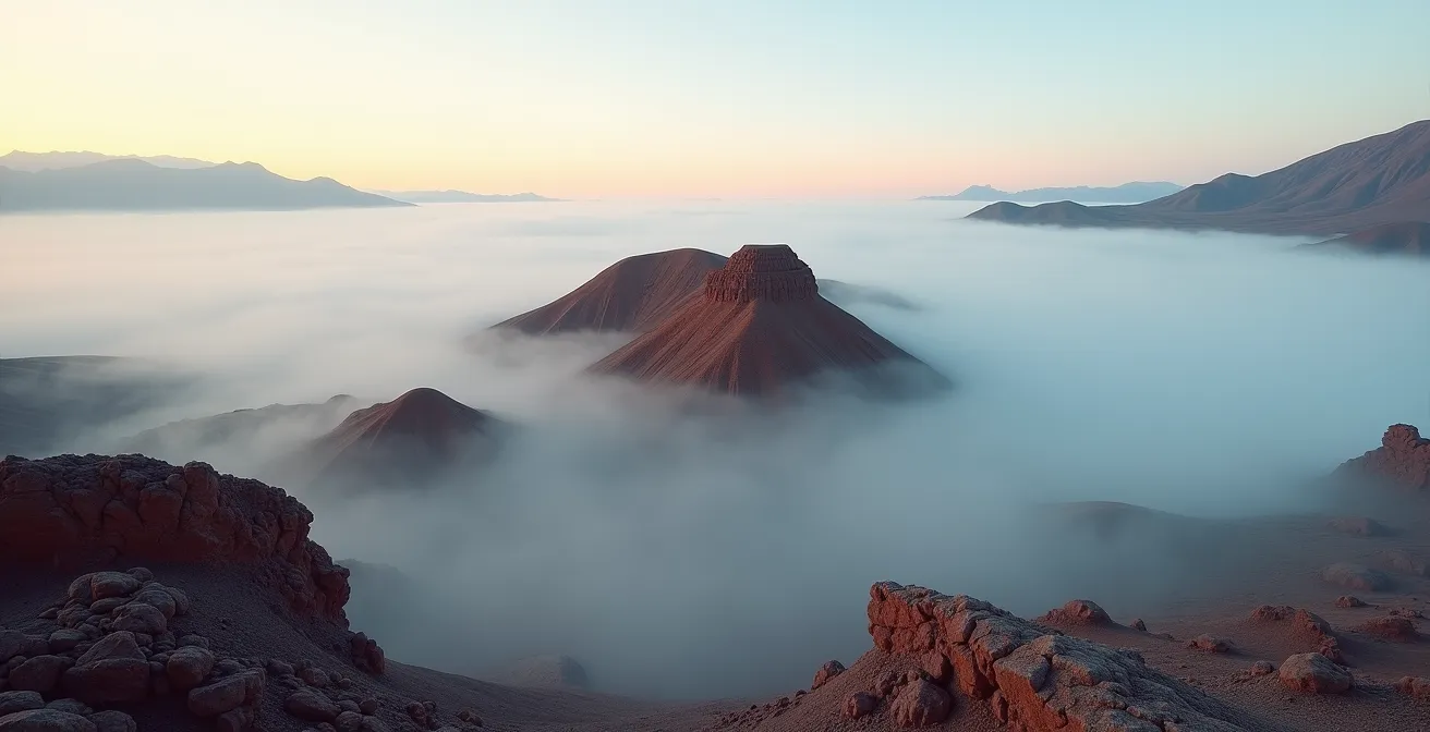 Brouillard mystérieux enveloppant les roches rouges de la Plaine des Sables l'après-midi