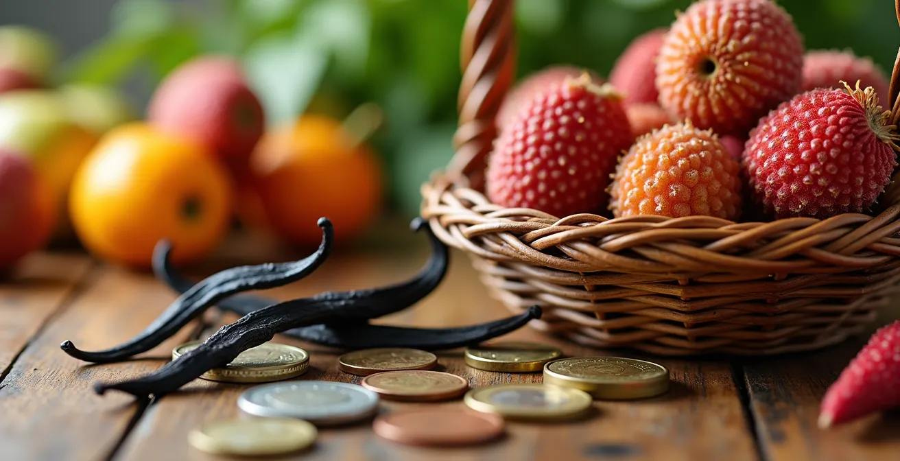 Panier de courses avec produits locaux réunionnais montrant le coût de la vie sur l'île