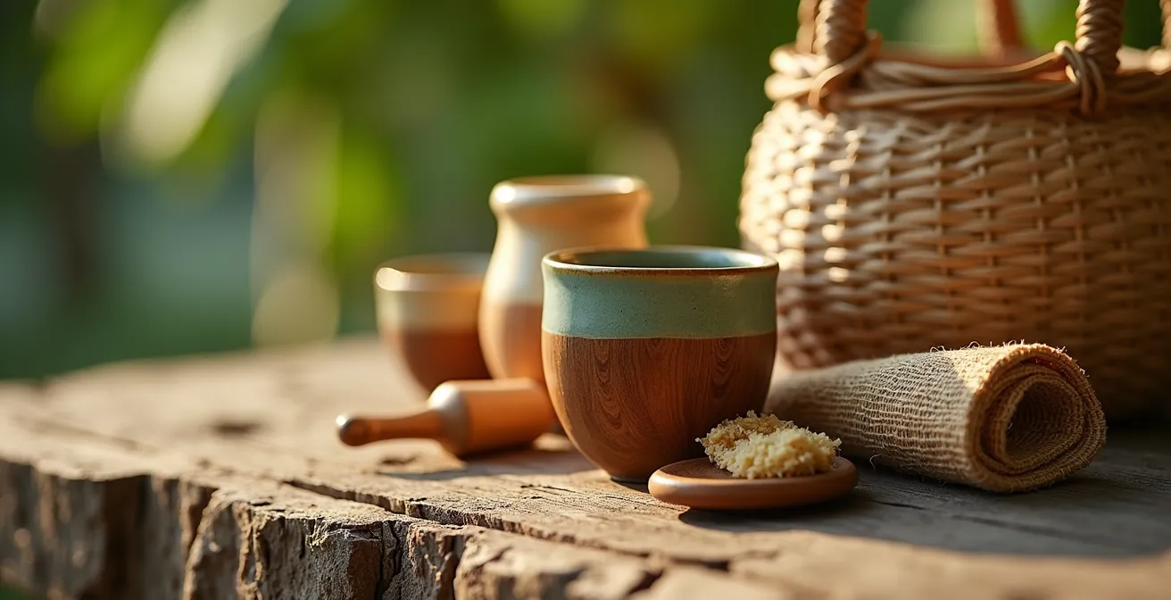 Sélection de cadeaux artisanaux disposés sur une table en bois tropical