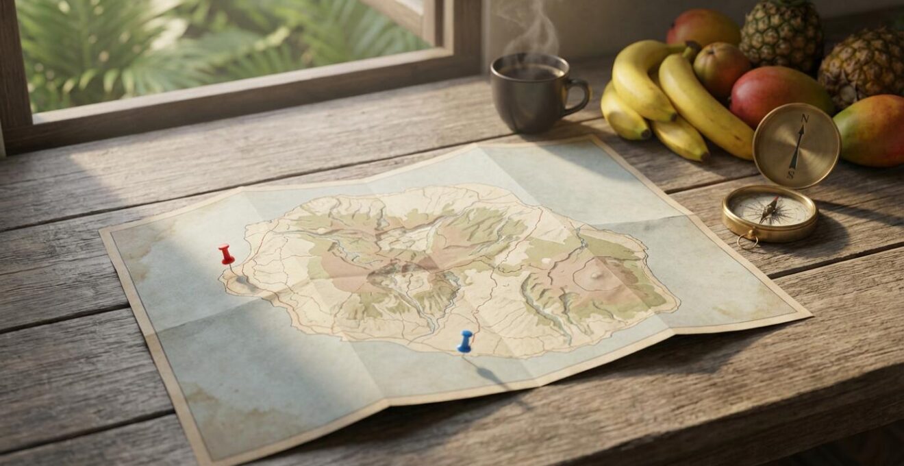 Carte stylisée de La Réunion montrant deux points de camps de base avec rayons d'action pour les excursions journalières