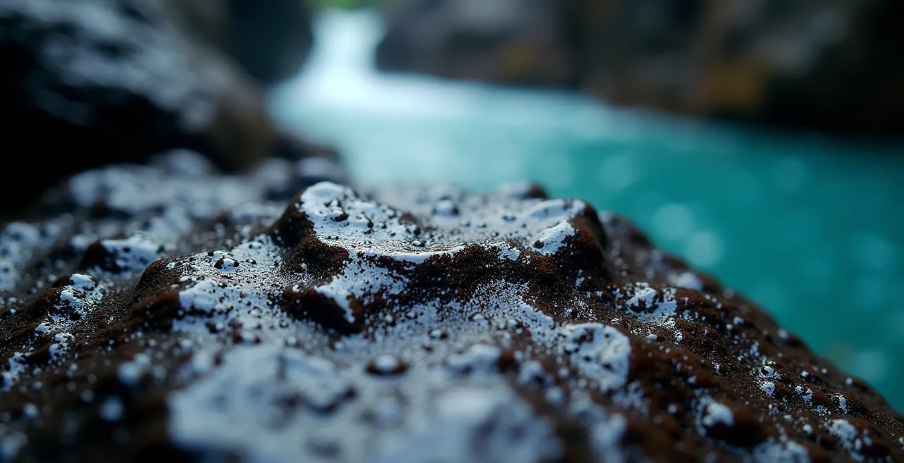 Vasques d'eau turquoise dans un canyon de basalte volcanique à La Réunion