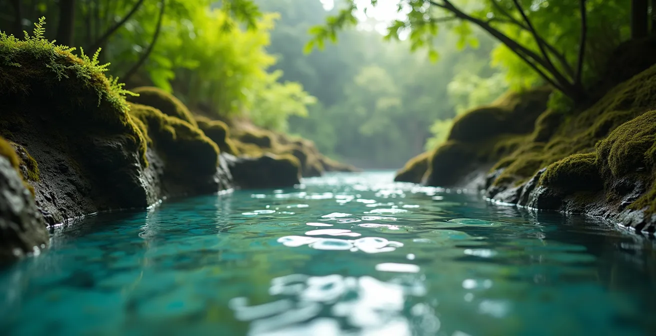 Bassin naturel cristallin de La Réunion entouré de végétation tropicale luxuriante
