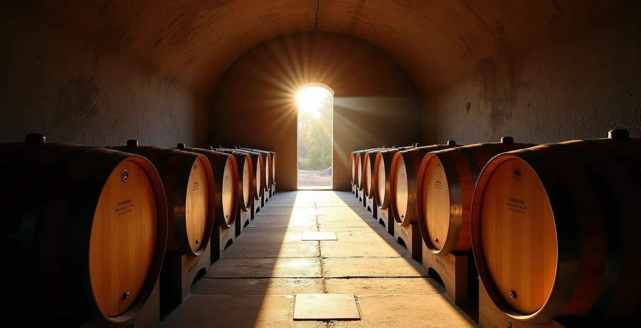 Cave traditionnelle de Cilaos avec tonneaux de chêne et lumière tamisée filtrant à travers l'entrée