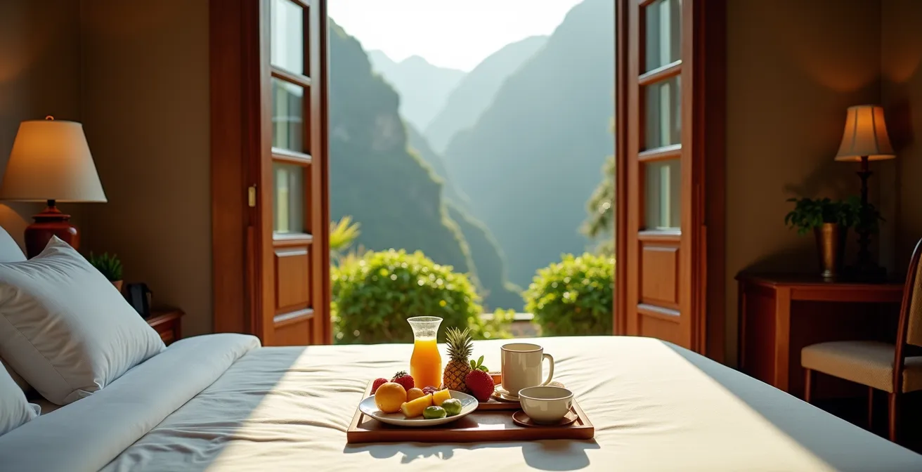 Chambre d'hôtel avec baie vitrée ouverte sur les remparts verdoyants du cirque de Salazie