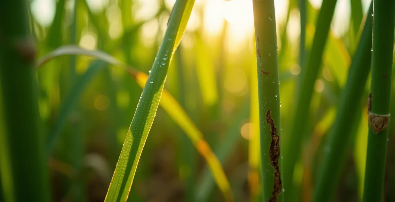 Vue aérienne des champs de canne à sucre s'étendant sur les pentes de La Réunion avec les montagnes en arrière-plan