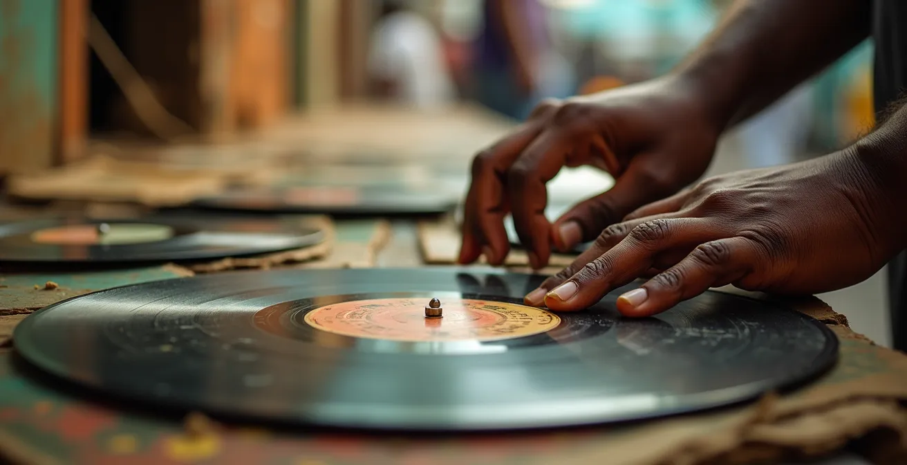 Collection de vinyles de maloya exposés sur un étal du marché de Saint-Paul à La Réunion
