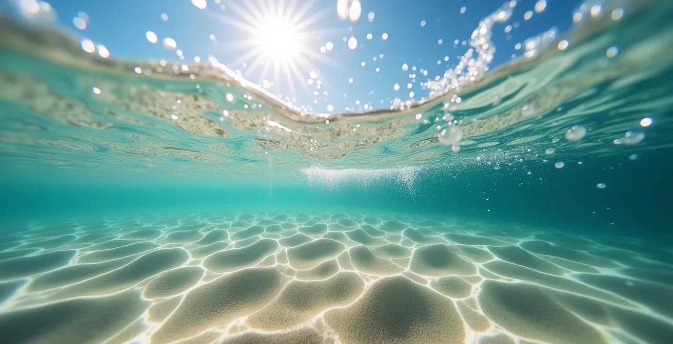 Vue aérienne montrant le contraste entre le lagon calme de Trou d'Eau et les vagues de Boucan Canot