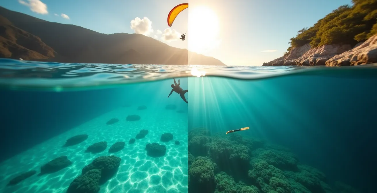 Split-screen montrant un parapente au-dessus du lagon et un plongeur explorant un récif corallien