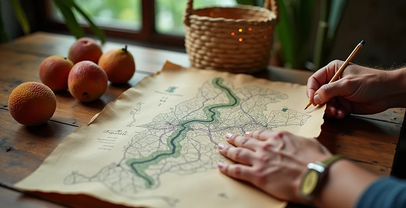 Mains tenant une carte artisanale annotée des sentiers secrets de La Réunion sur une table en bois