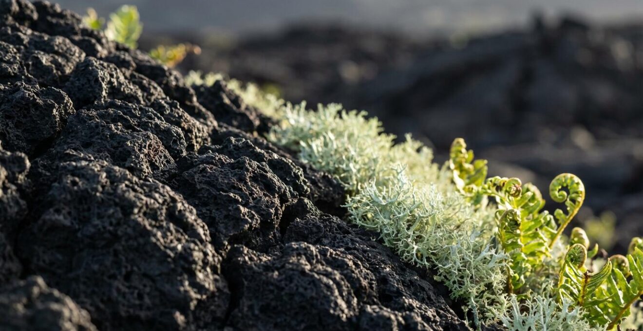 Contraste saisissant entre la lave noire et la végétation pionnière verte à La Réunion