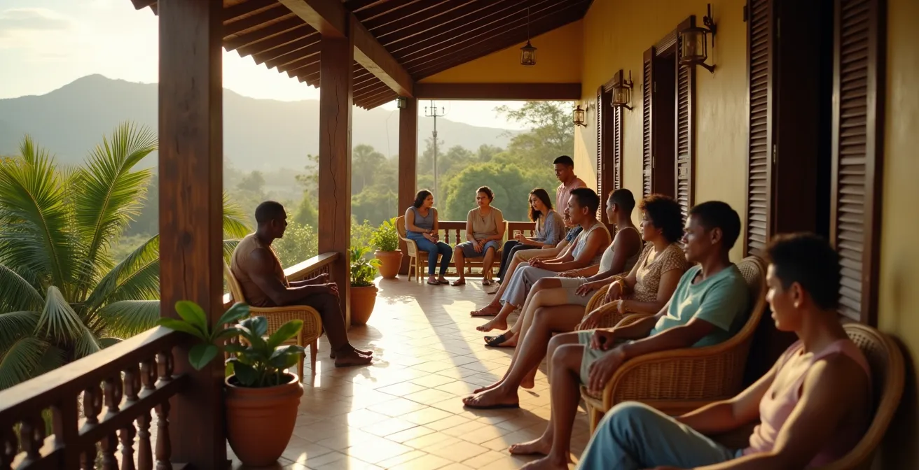 Échange chaleureux entre hôtes et visiteurs sur une varangue créole
