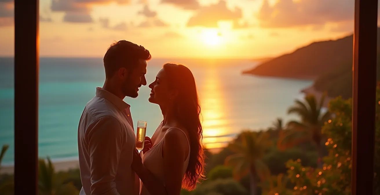 Couple sur une terrasse d'hôtel de charme face au lagon au coucher de soleil