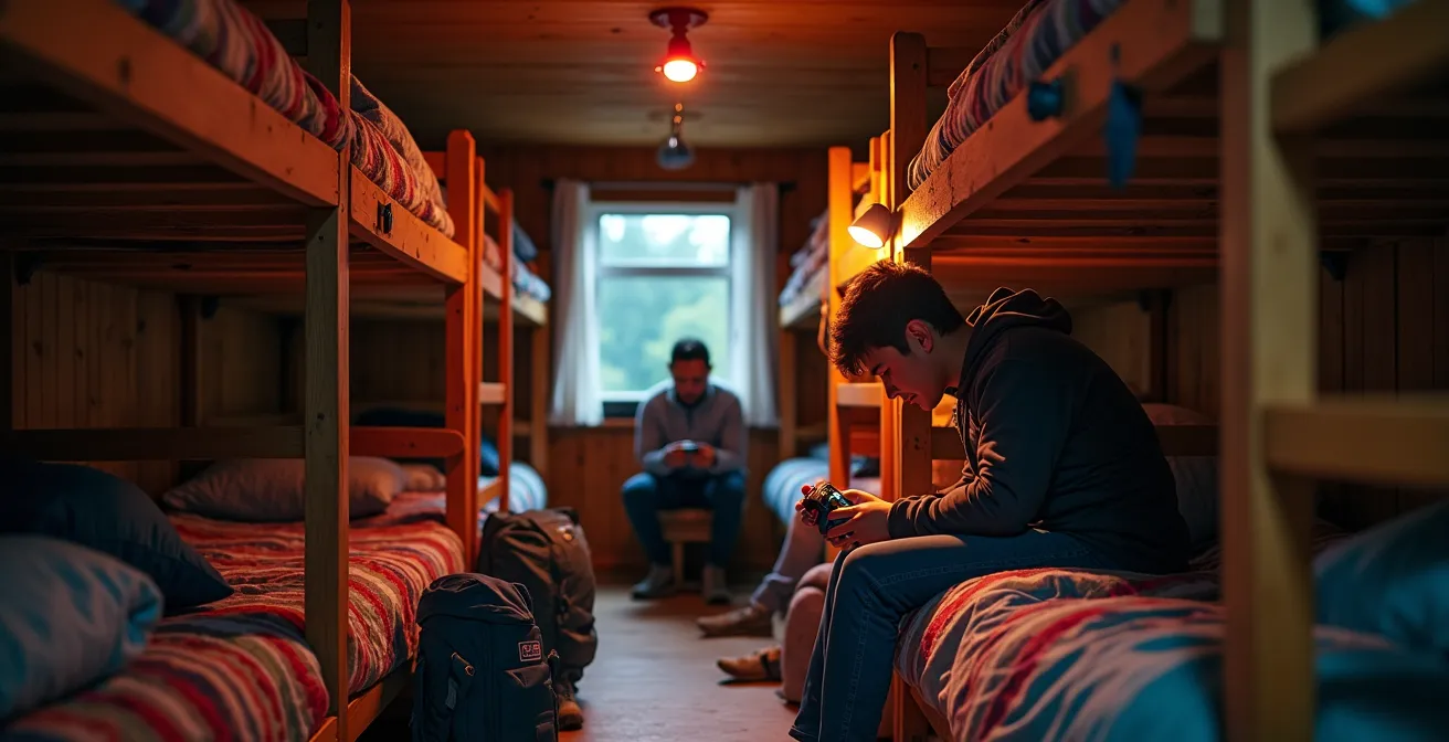Intérieur d'un dortoir de gîte avec lits superposés en bois et lumière tamisée du soir