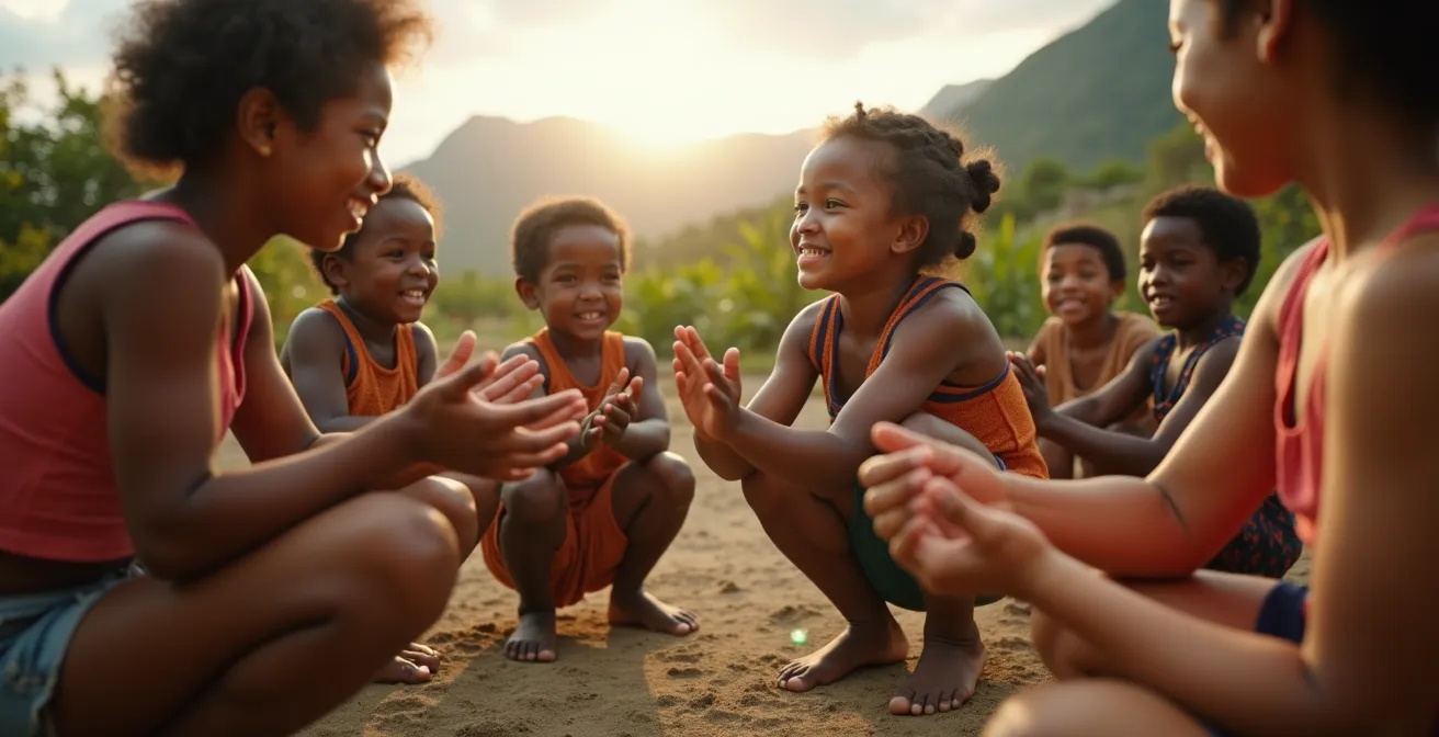 Moment de jeu partagé entre un visiteur et des enfants du cirque de Mafate sans distribution d'objets