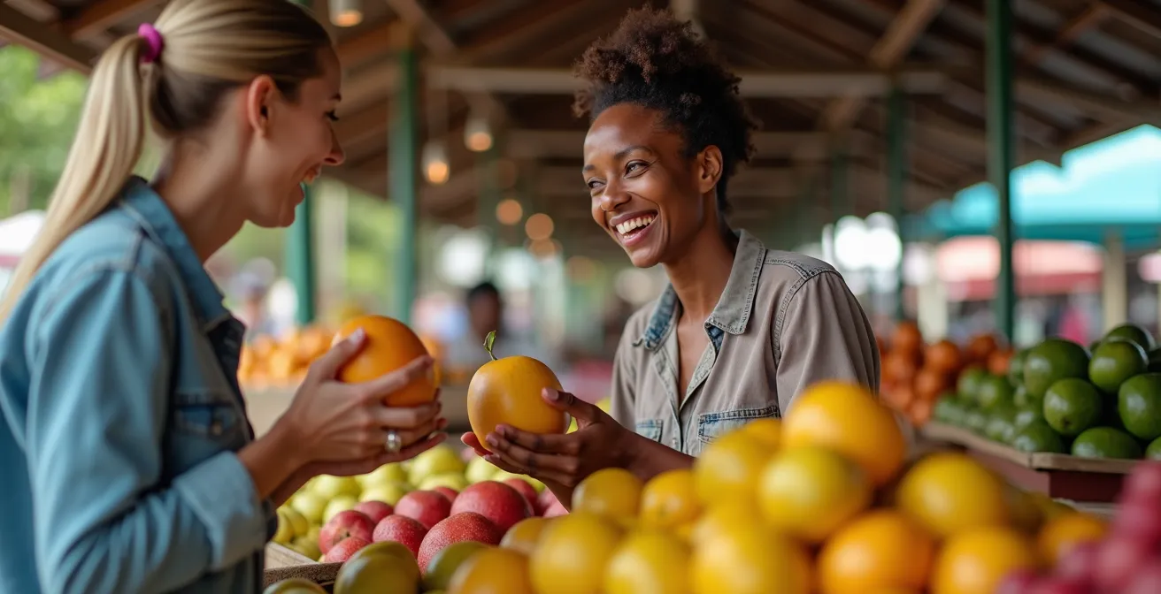Échange chaleureux entre un visiteur et un vendeur au marché de Saint-Paul