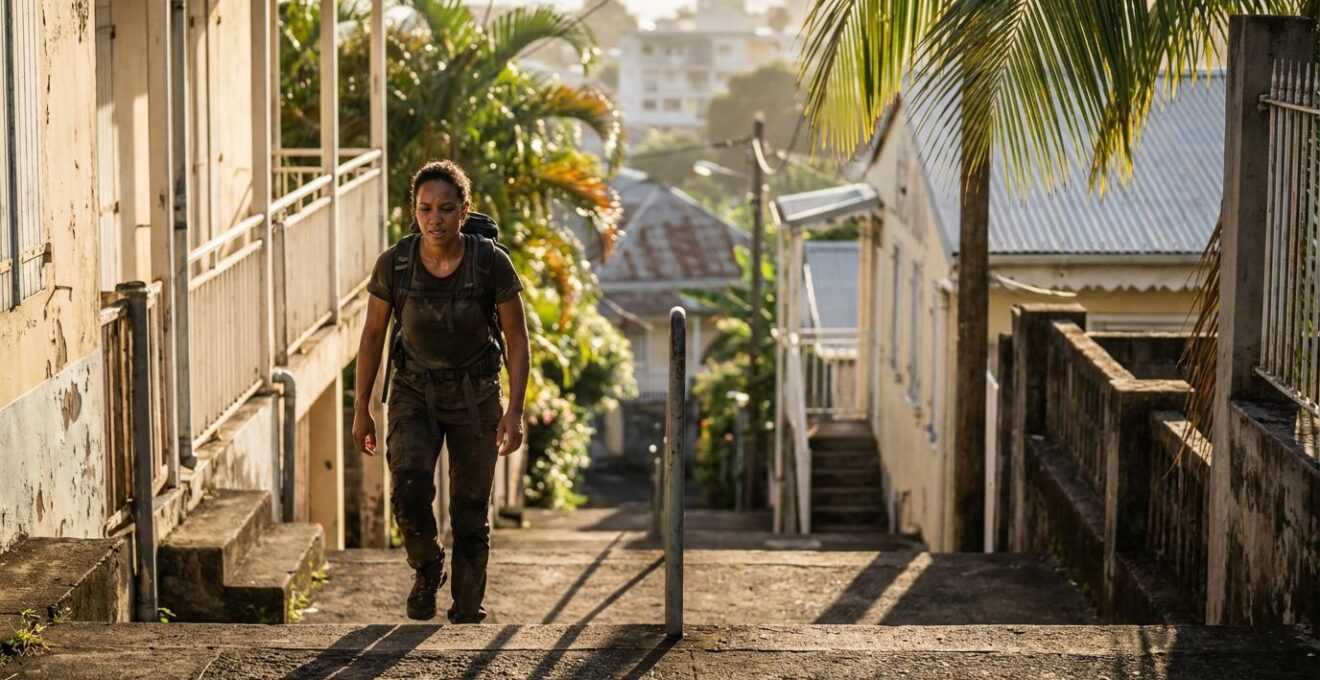 Randonneur s'entraînant dans les escaliers urbains de Saint-Denis pour préparer l'ascension