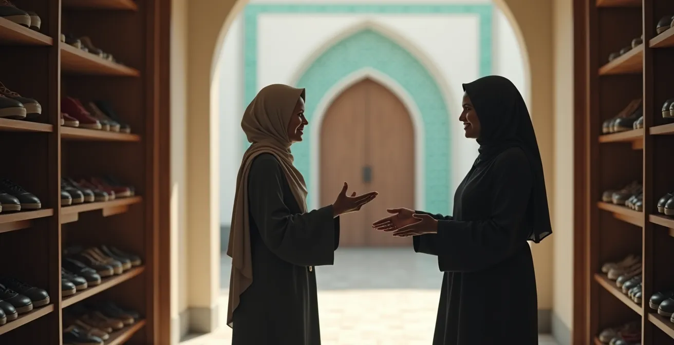 Entrée accueillante d'un lieu de culte avec espace pour les chaussures à La Réunion