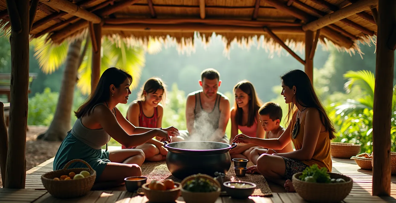 Famille réunionnaise autour d'une marmite en fonte dans un kiosque traditionnel en forêt