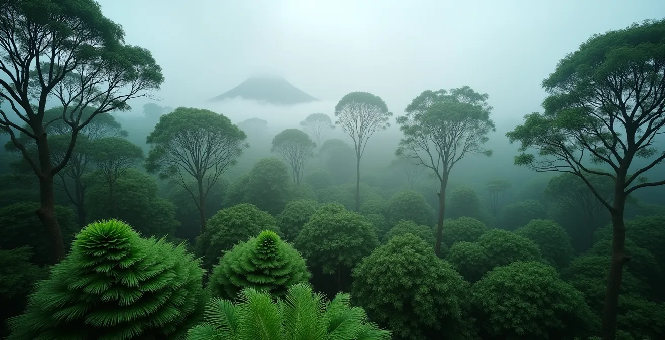 Vue aérienne de la canopée brumeuse de la forêt de Bélouve avec fougères arborescentes émergentes