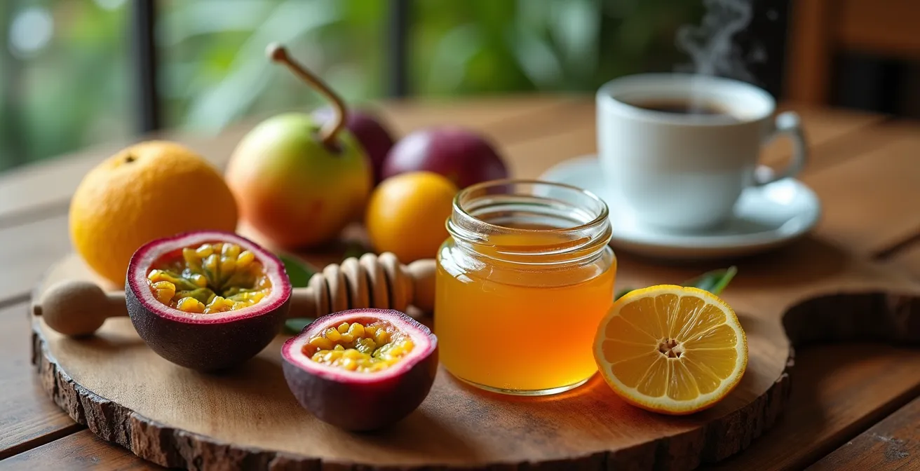 Table de petit-déjeuner avec produits locaux dans un gîte des Hauts de La Réunion