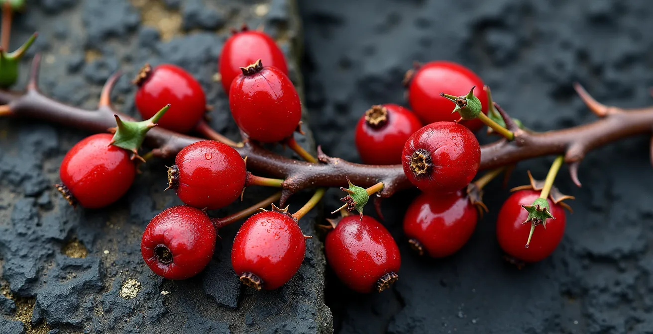 Comparaison visuelle entre branches de goyavier avec fruits rouges et tiges épineuses de vigne marronne à La Réunion