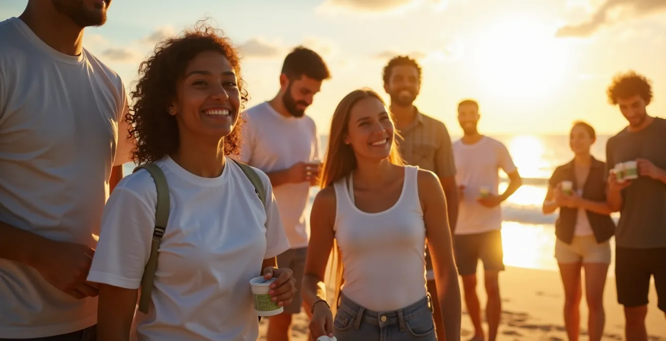 Groupe de bénévoles ramassant des déchets sur une plage de La Réunion au coucher du soleil