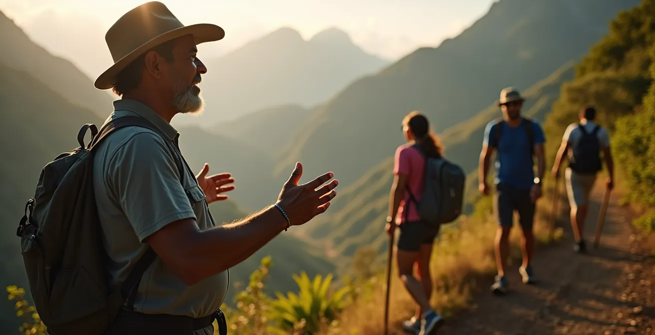 Guide réunionnais expliquant la végétation endémique à des randonneurs dans un cirque