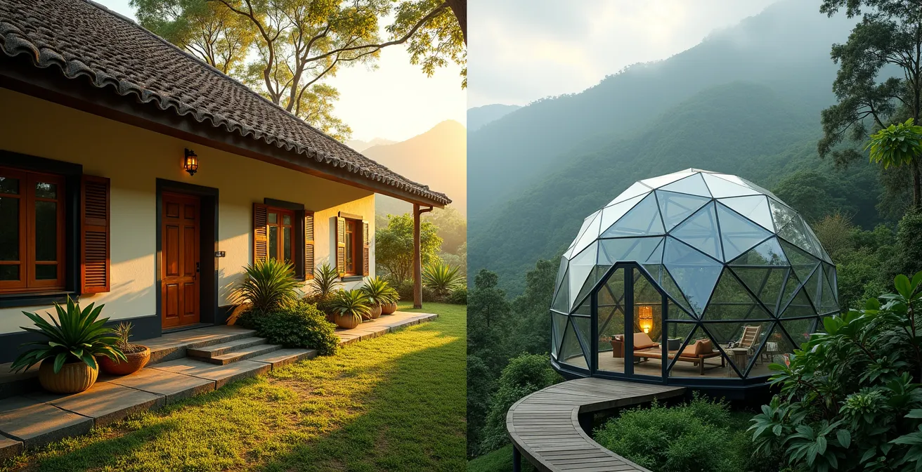 Comparaison visuelle entre une kaz créole traditionnelle et un hébergement bulle moderne
