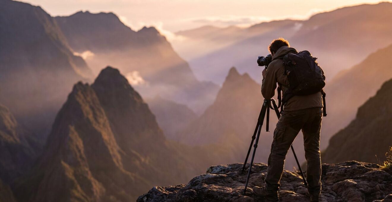 Vue panoramique du cirque de Mafate depuis le Maïdo baignée dans la lumière dorée du lever de soleil