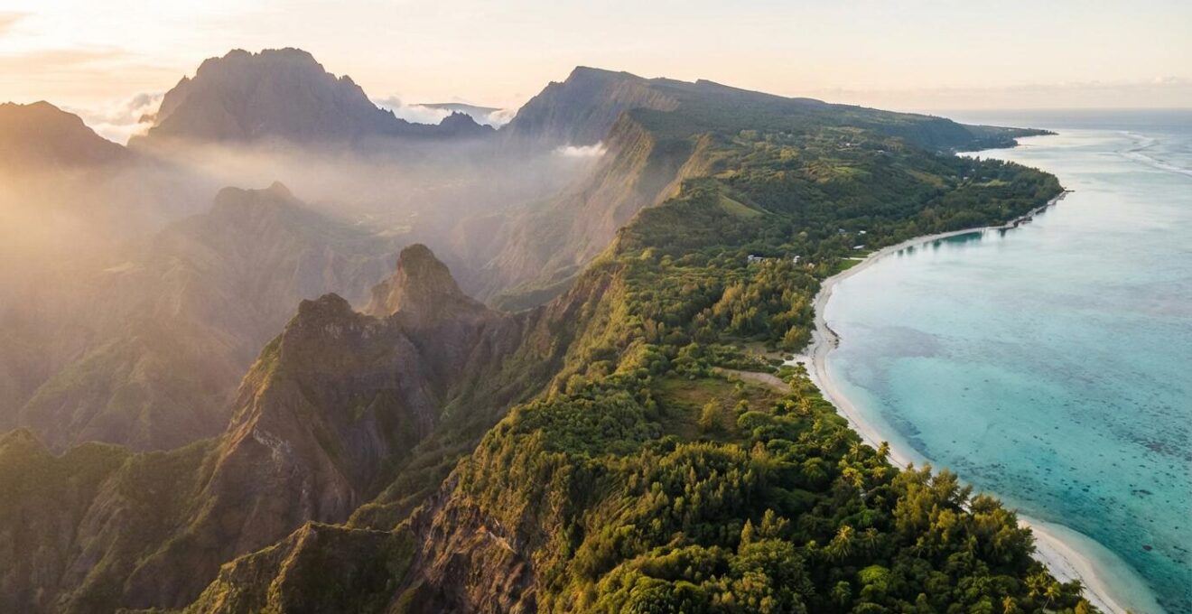 Paysage contrasté de La Réunion montrant les sommets volcaniques au lever du soleil et un lagon turquoise en contrebas