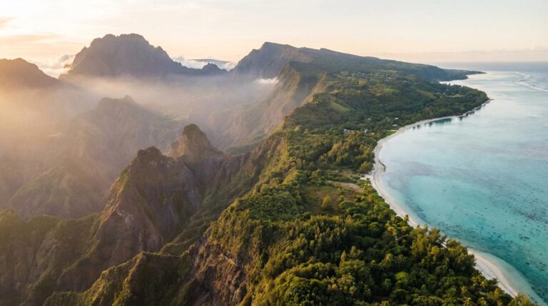 Paysage contrasté de La Réunion montrant les sommets volcaniques au lever du soleil et un lagon turquoise en contrebas