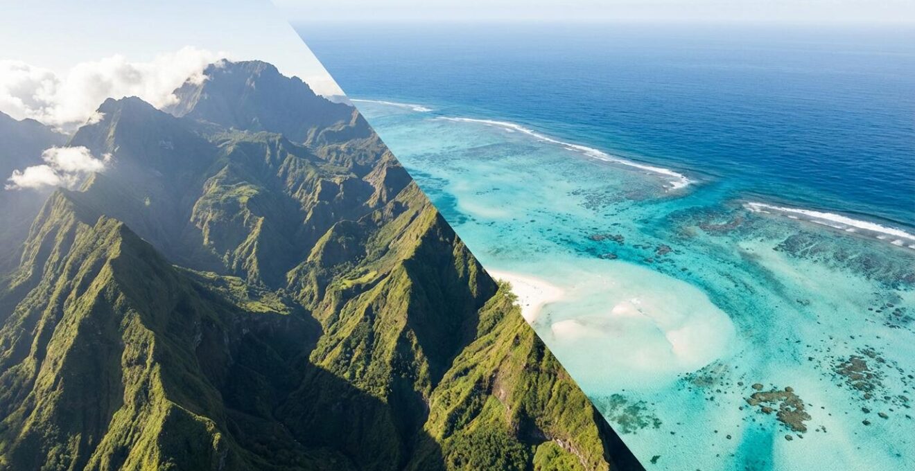 Vue aérienne spectaculaire combinant le cirque de Mafate et le lagon turquoise de l'Ermitage à La Réunion