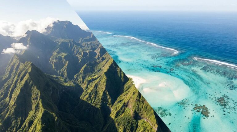 Vue aérienne spectaculaire combinant le cirque de Mafate et le lagon turquoise de l'Ermitage à La Réunion