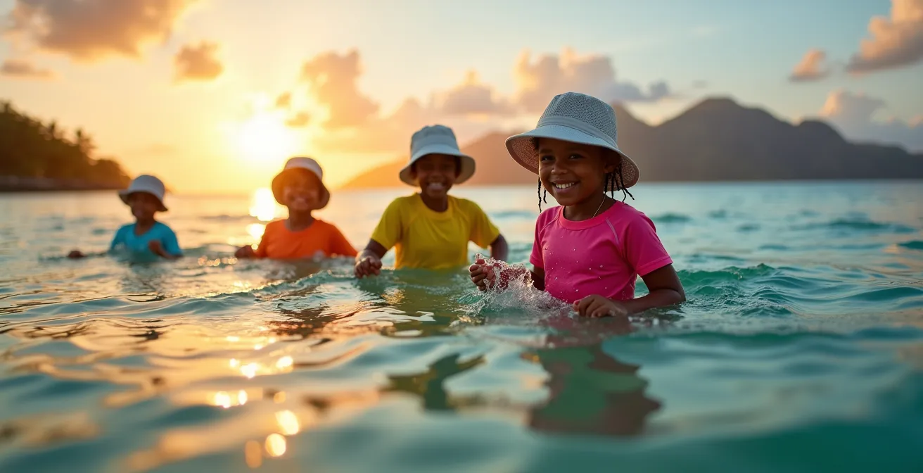 Famille portant des vêtements anti-UV au bord du lagon de l'Ermitage à La Réunion
