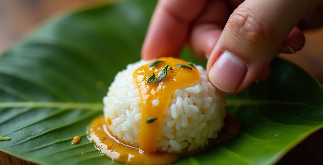Gros plan sur la technique traditionnelle de manger le cari avec les doigts formant une boulette de riz