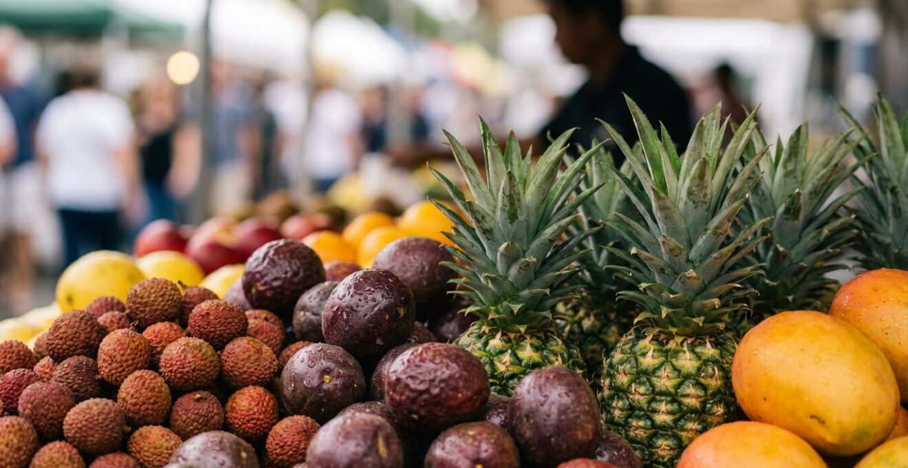 Étal coloré de fruits tropicaux locaux sur un marché forain de Saint-Paul avec vendeur créole