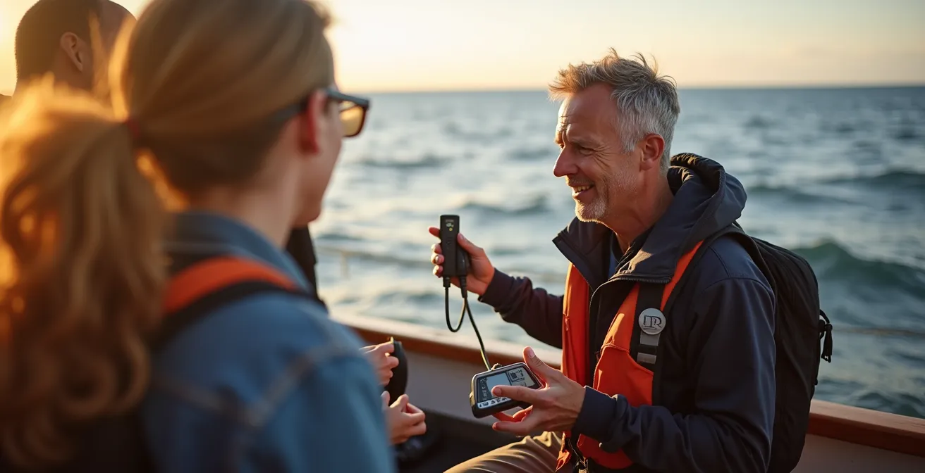 Guide naturaliste sur un bateau d'observation utilisant un hydrophone pour écouter les baleines