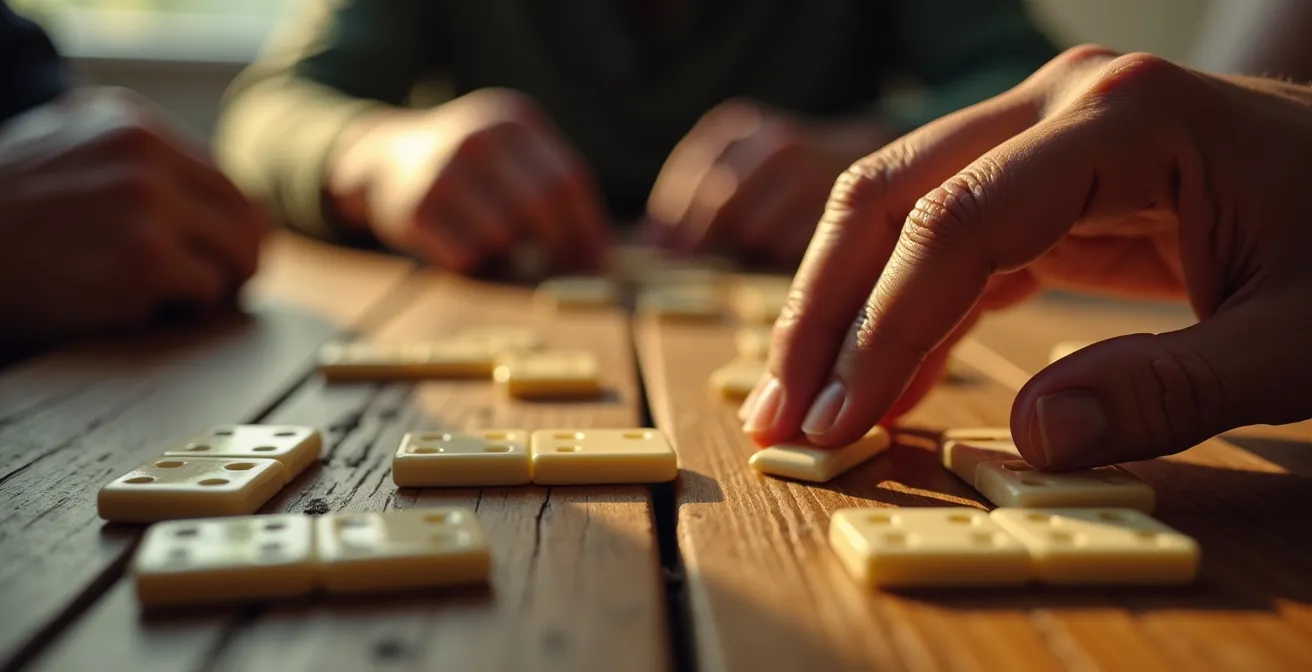 Partie de dominos animée entre amis sur une varangue de case créole au coucher du soleil