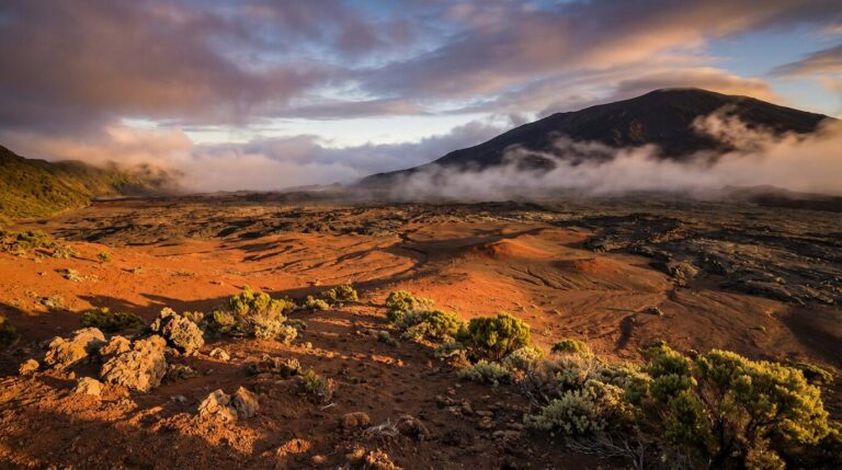 Vue panoramique des paysages volcaniques du Piton de la Fournaise avec la Plaine des Sables