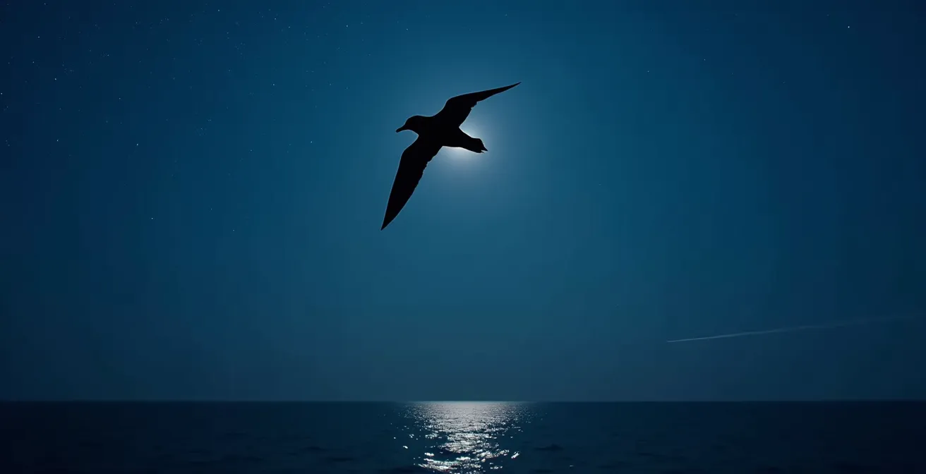 Pétrel de Barau en vol nocturne au-dessus de l'océan avec reflet lunaire sur l'eau