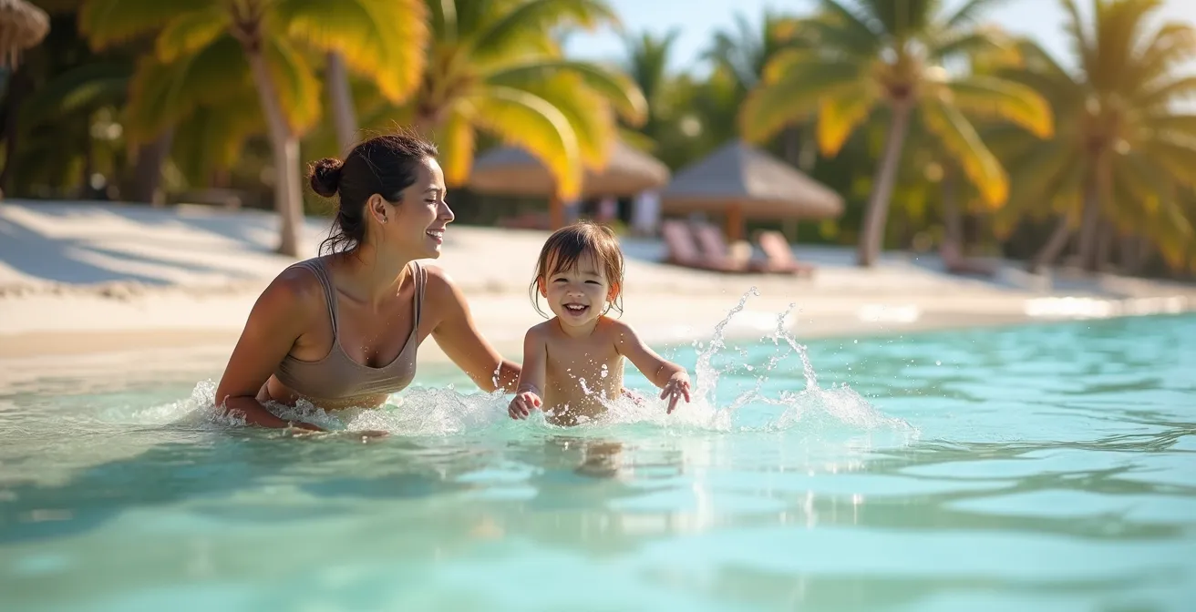 Famille avec jeune enfant jouant dans les eaux calmes et peu profondes du lagon de l'Hermitage