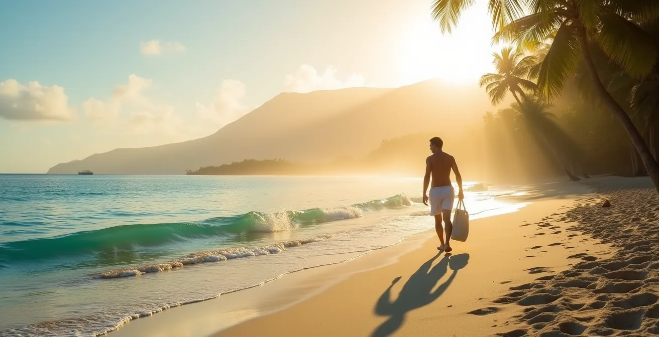 Plage déserte de l'Hermitage à La Réunion au lever du soleil avec lumière dorée et palmiers