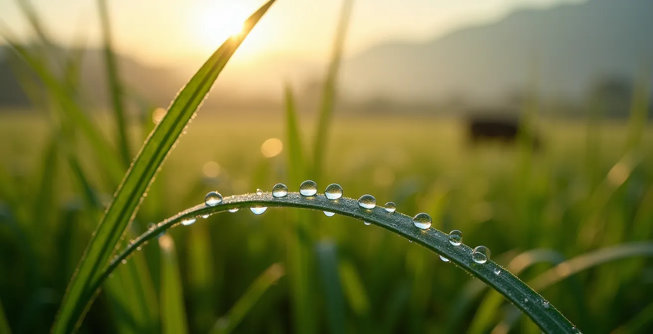 Pâturages de la Plaine des Cafres avec vaches dans la brume matinale